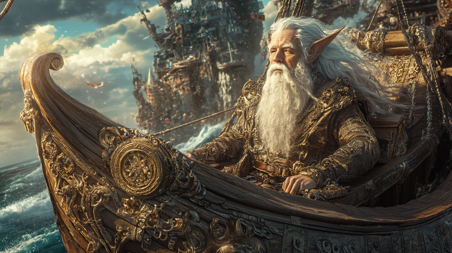 Old fairy woodworker carving living figures aboard a ship
