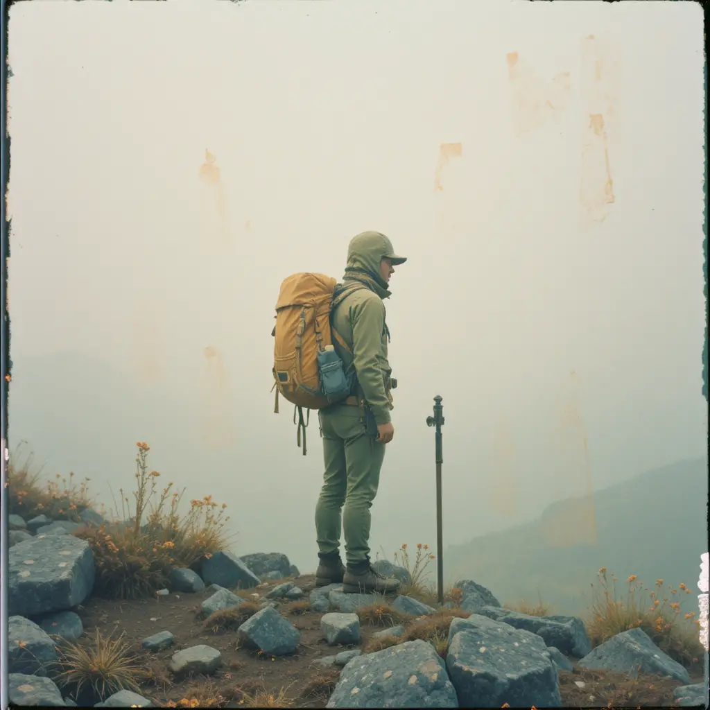 Dreamy double exposure portrait of a lone mountain hiker