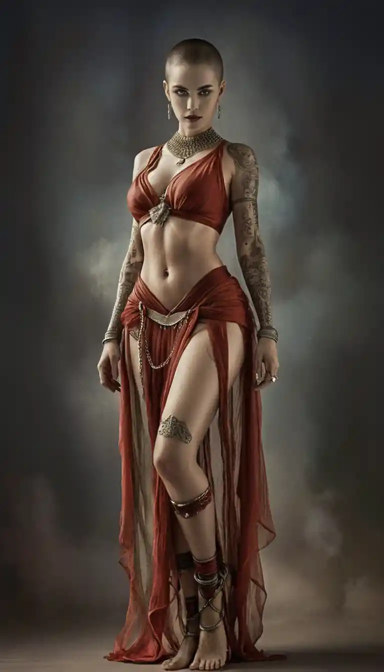Guerrera fantástica en sepia en pose dramática de cuerpo completo