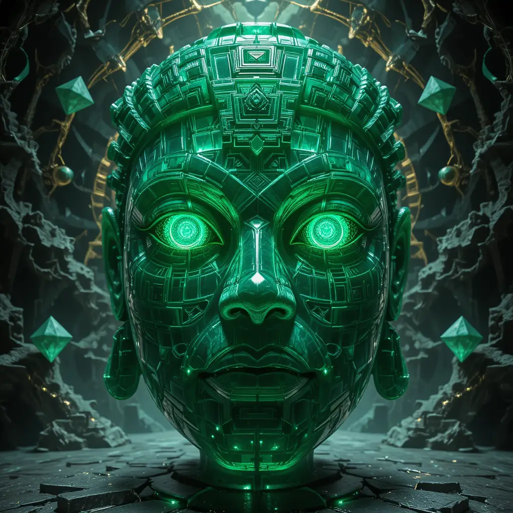 Fractal Jade Mask With Sacred Geometric Crystal Patterns