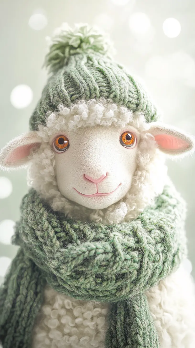 Whimsical 3D sheep in green knit hat and scarf