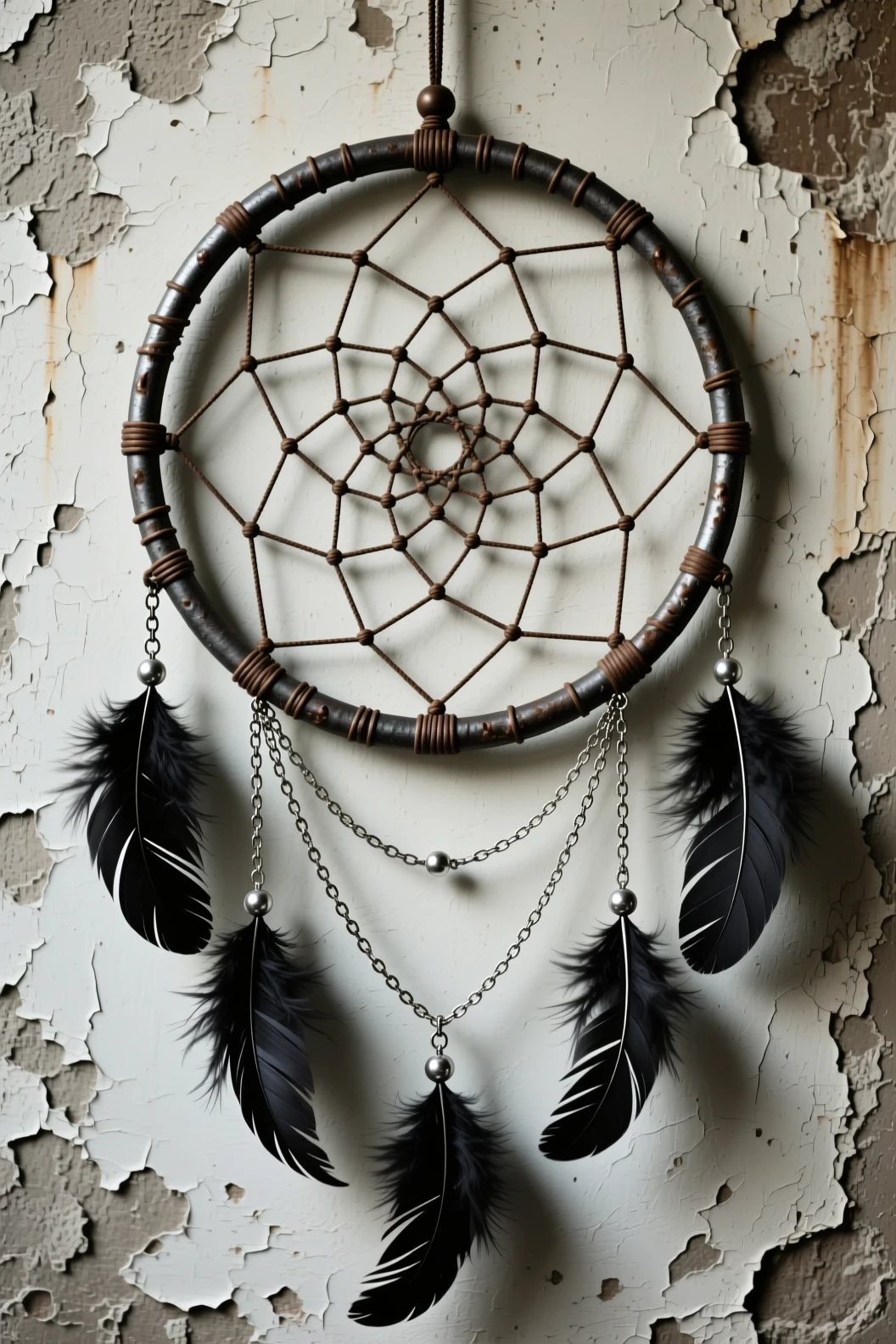 Industrial dreamcatcher with chains on a distressed wall