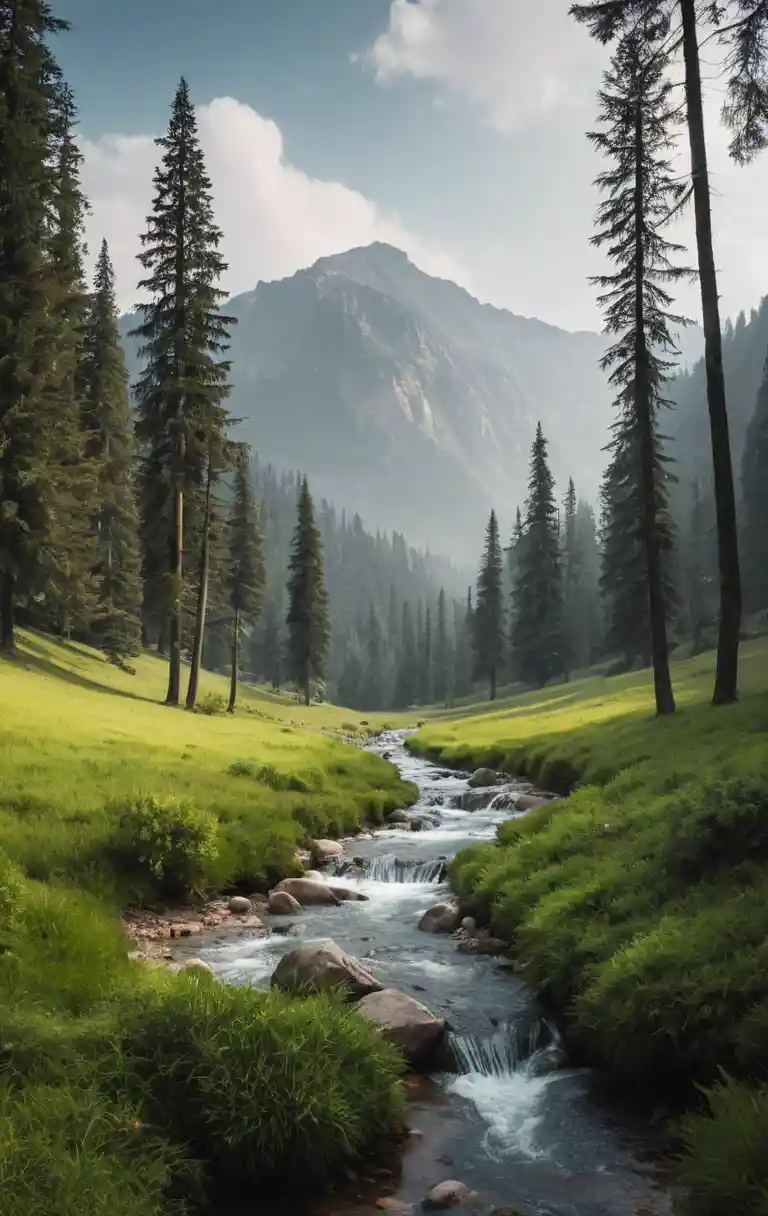 Peaceful mountain valley landscape with trees and hills
