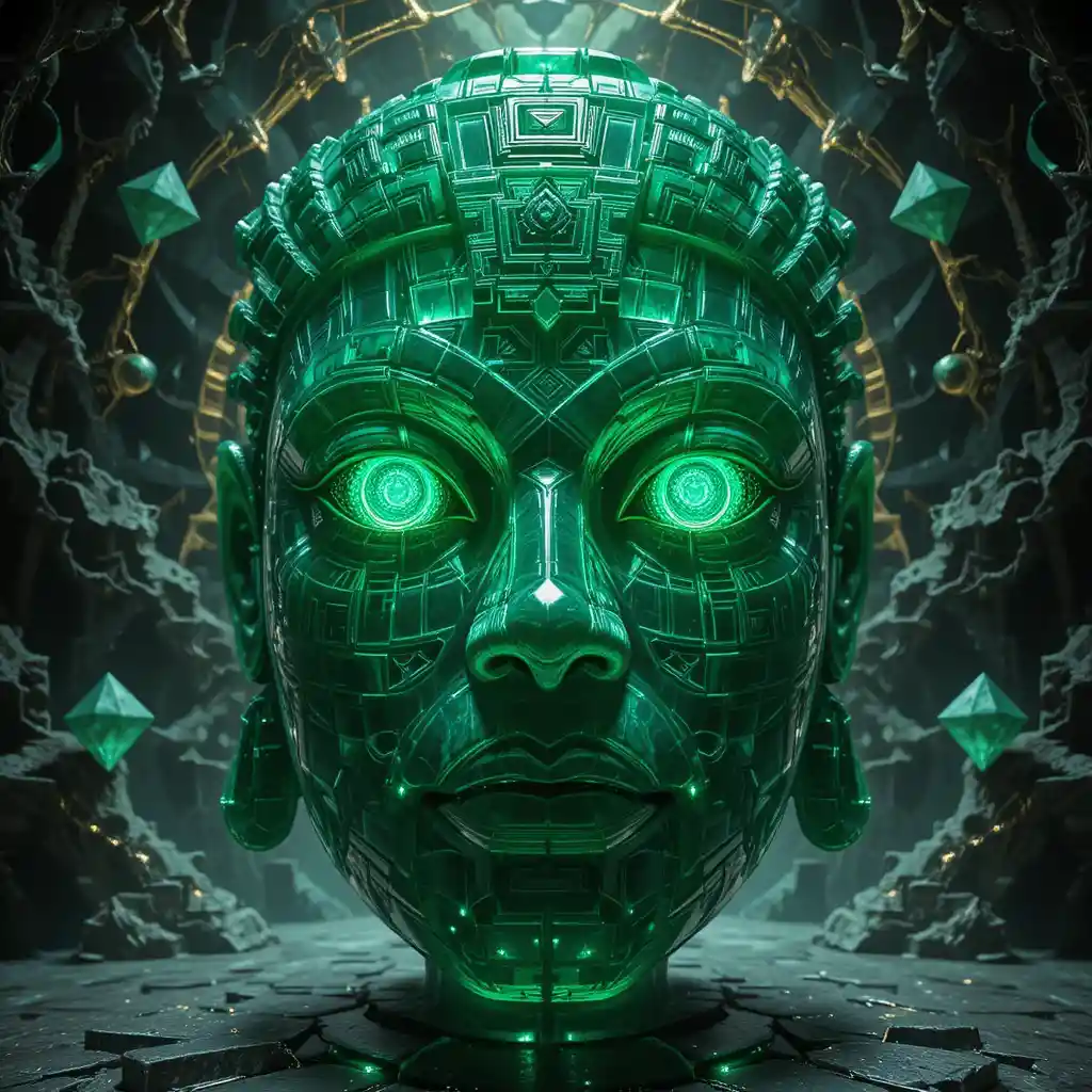 Fractal Jade Mask With Sacred Geometric Crystal Patterns