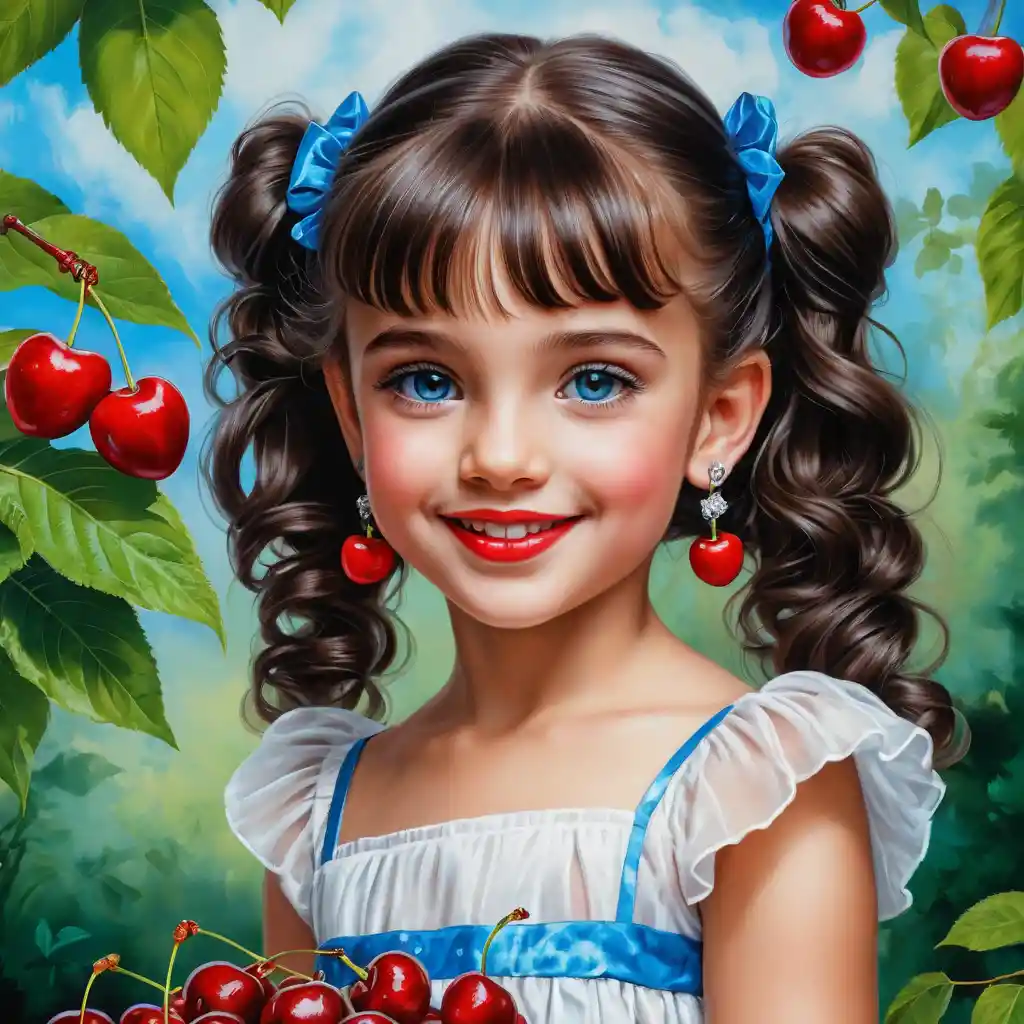 Smiling young girl with cherries in a summer scene