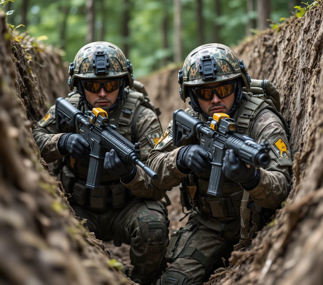 Armed soldiers crouching in a wooden trench in forest