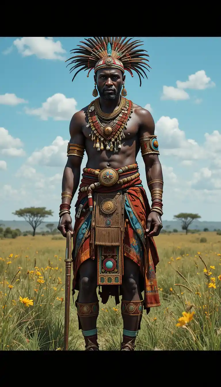 African warrior in tribal regalia on sunny savannah