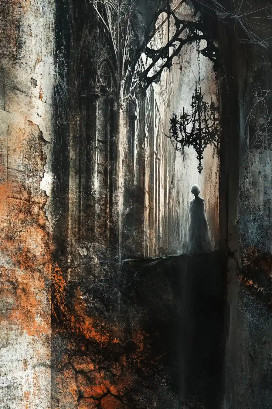 Gaunt Figure In Gothic Ruin Under Cold Moonlight