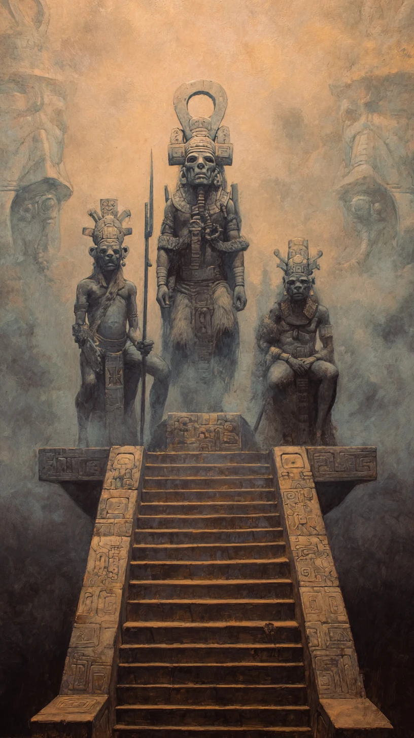 Ancient alien beings gathered around a towering ritual temple