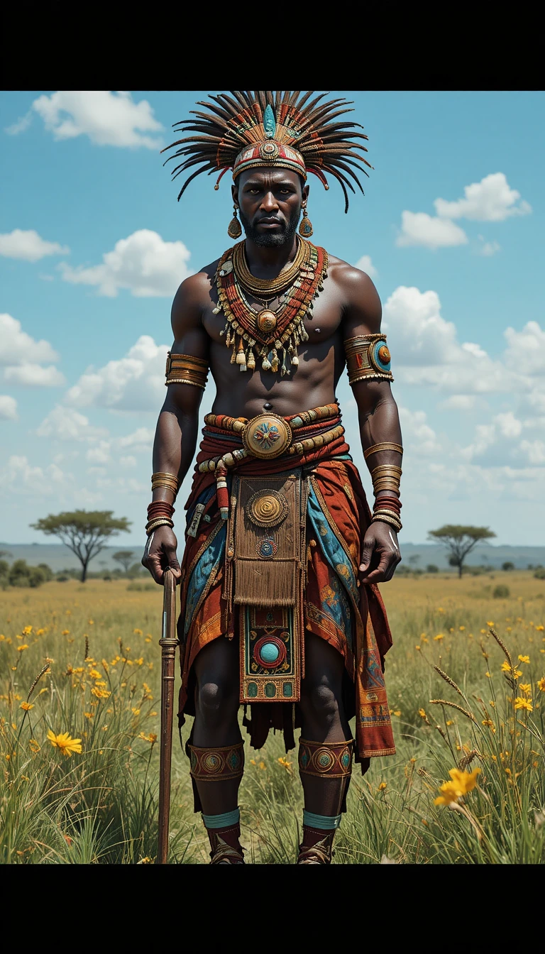 African warrior in tribal regalia on sunny savannah