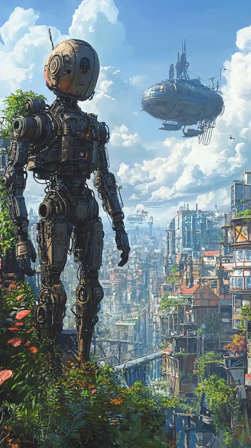 Robot steampunk in un rigoglioso giardino sul tetto sopra i dirigibili della città