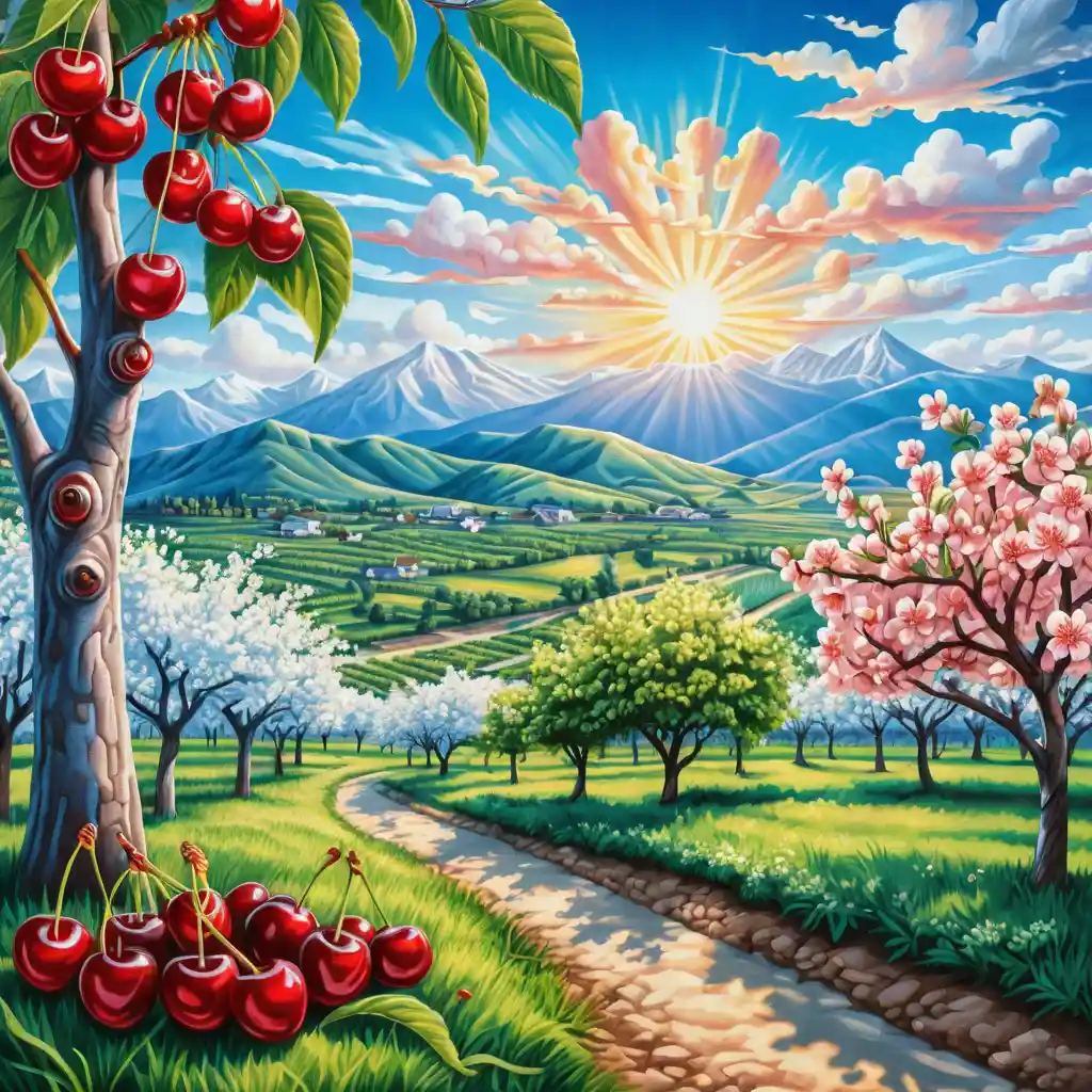 Kirschgarten bei Sonnenaufgang unter weichem blauem Sommerhimmel
