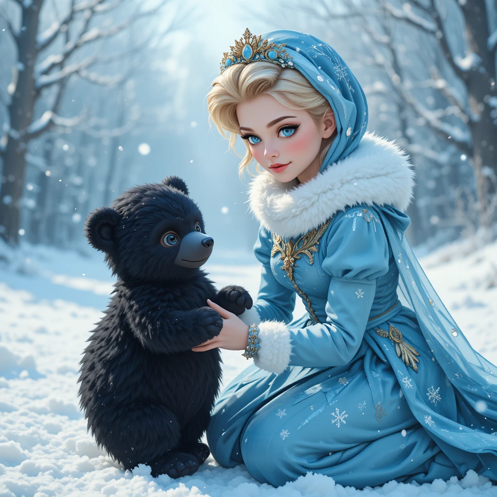 Blonde princess in blue playing with black bear cub