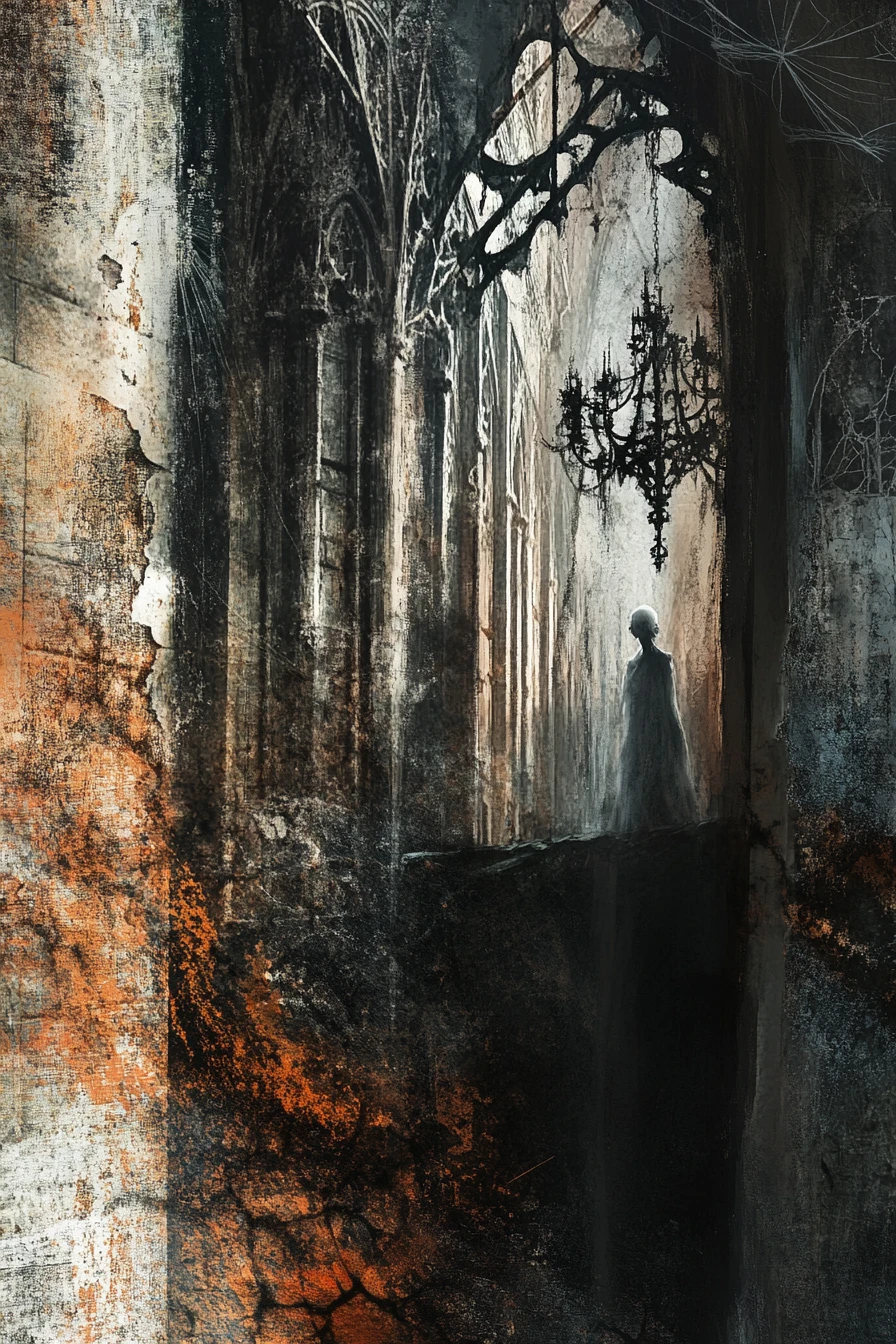 Gaunt Figure In Gothic Ruin Under Cold Moonlight