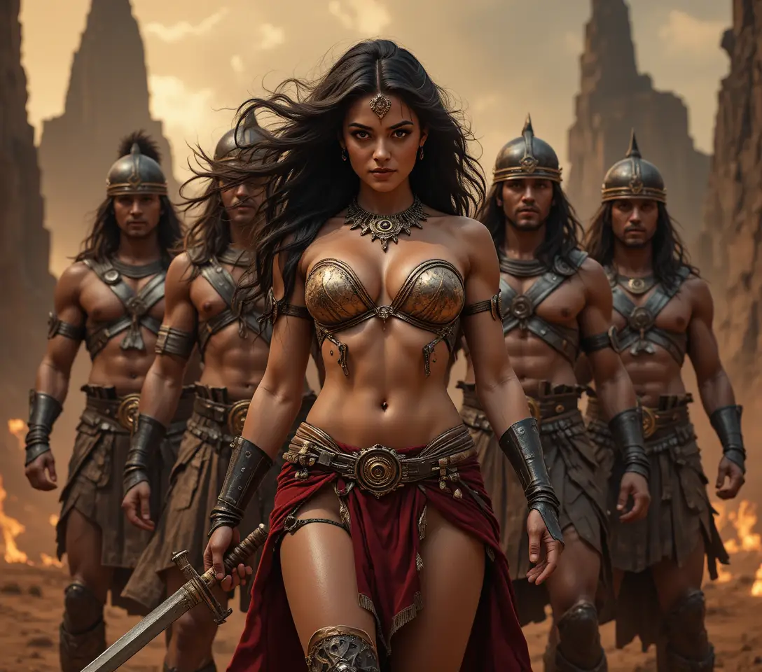 Warrior woman leading gladiators in a fiery wasteland