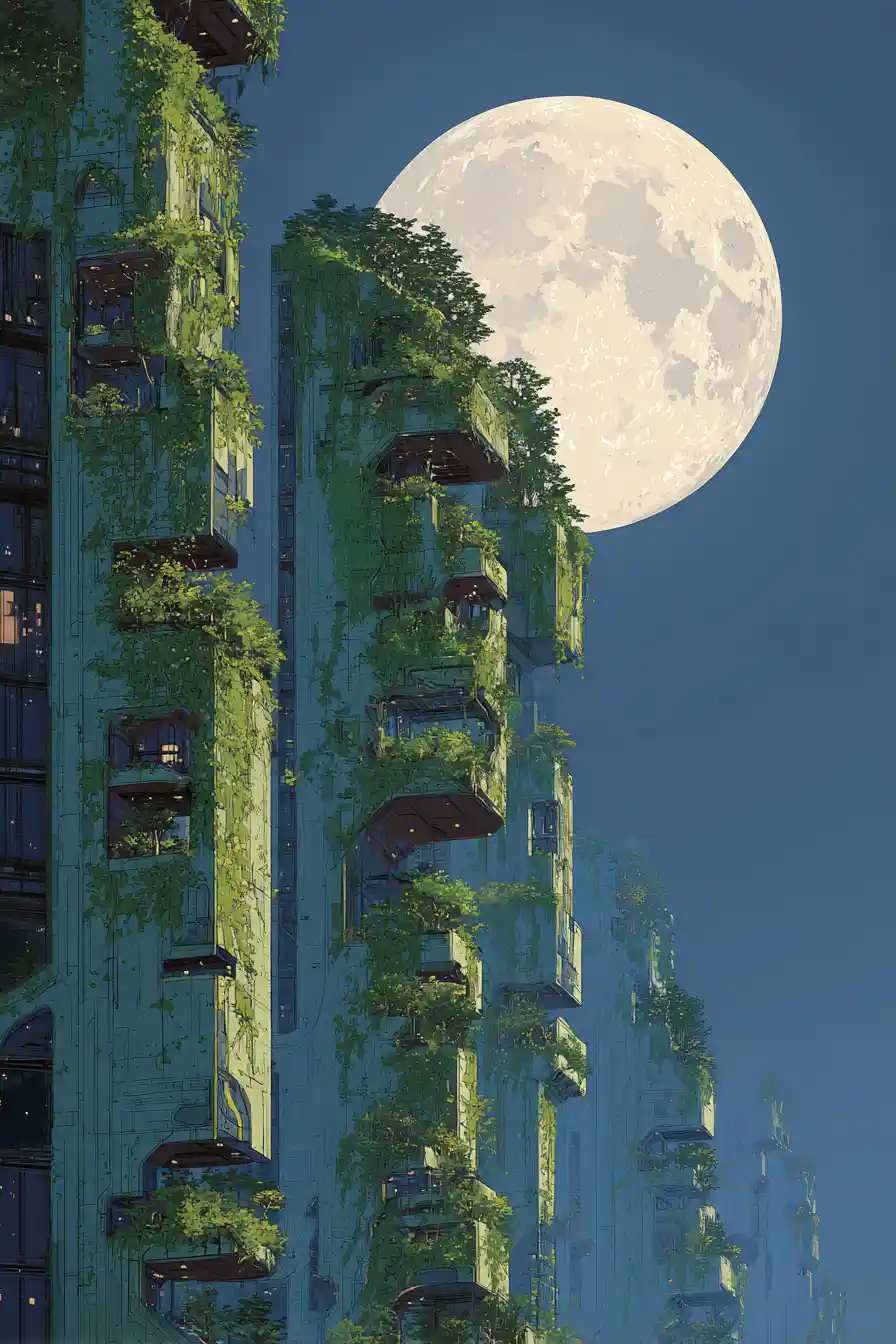 Futuristic bio engineered city skyline under the full moon