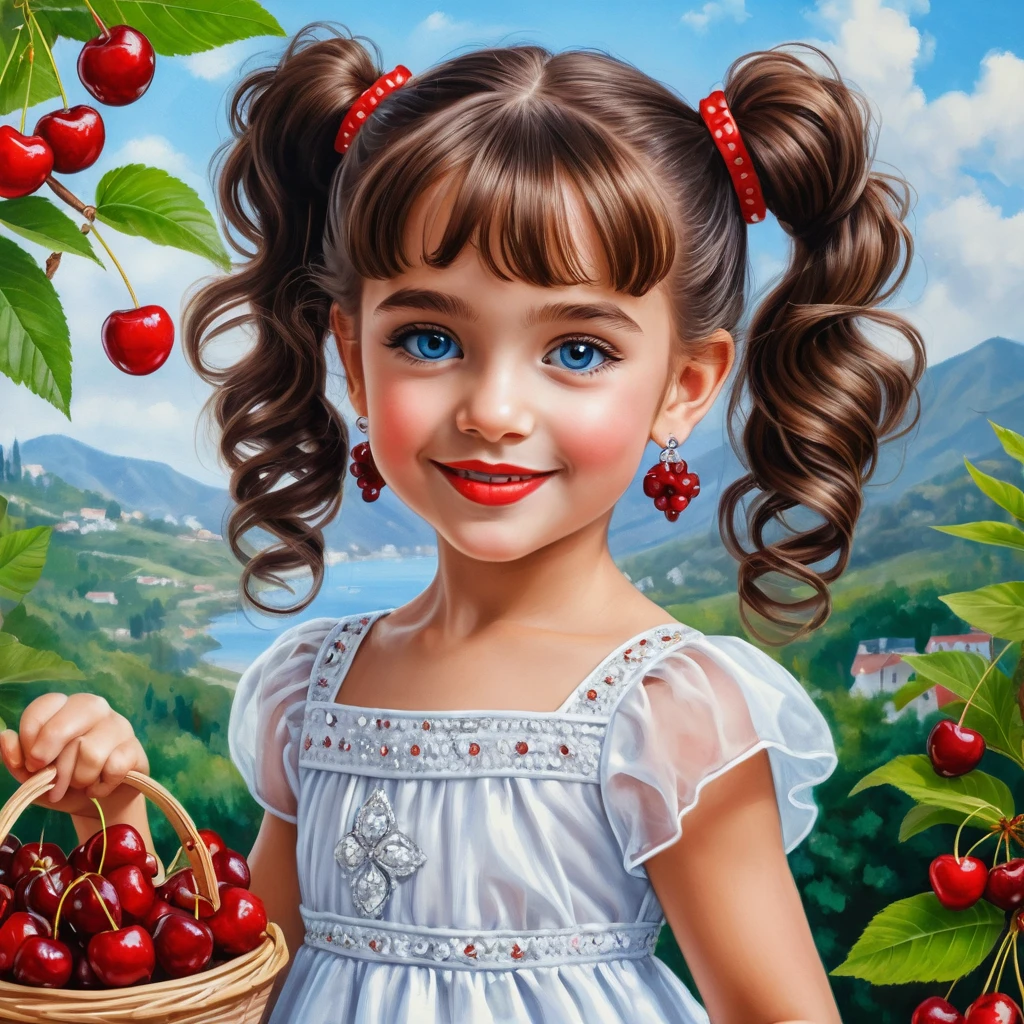 Smiling young girl with cherries in a summer scene