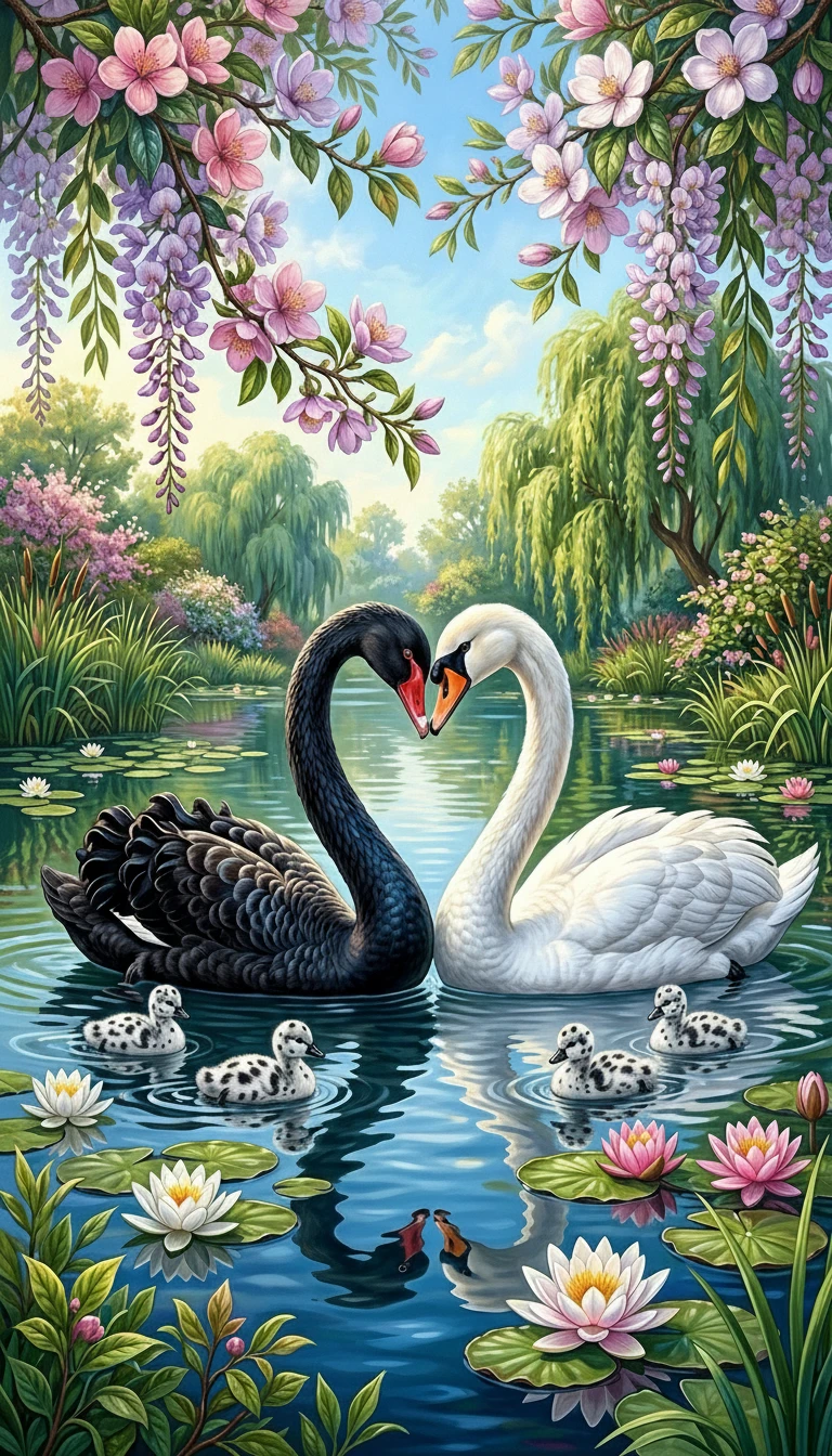 Cisnes blanco y negro formando un corazón en un estanque