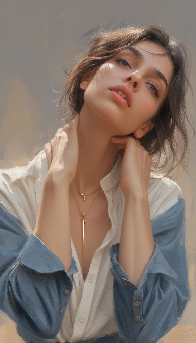 Sensual bust portrait of a young woman in denim shirt