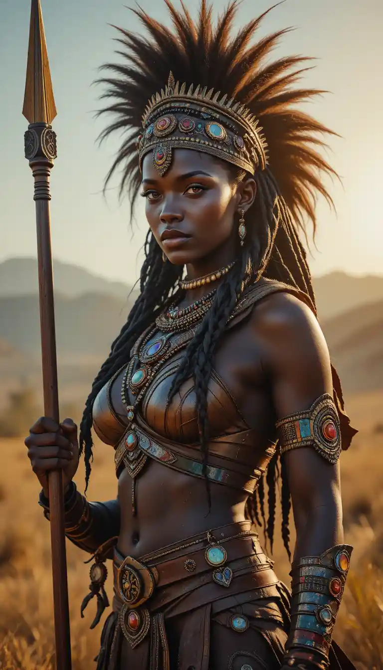 African warrior queen with spear under warm sunlight