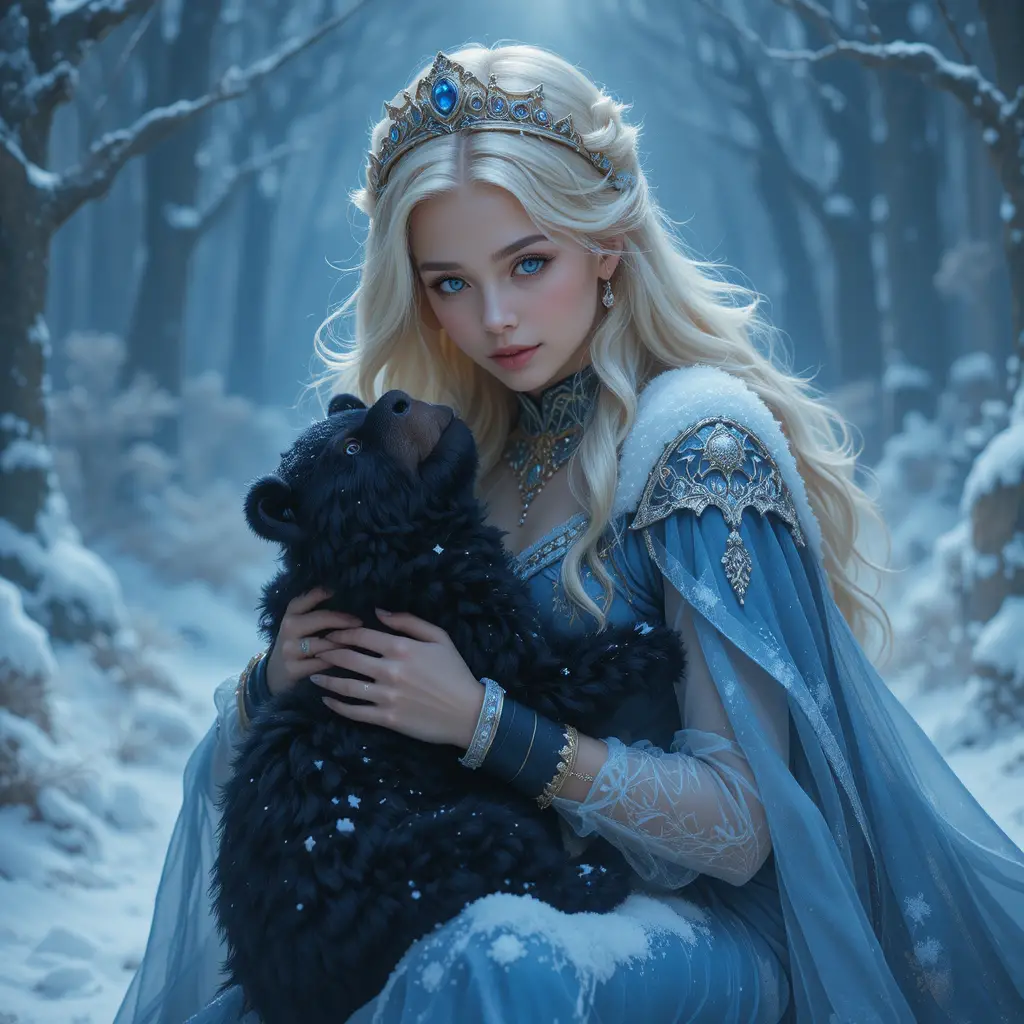 Blonde princess in blue playing with black bear cub