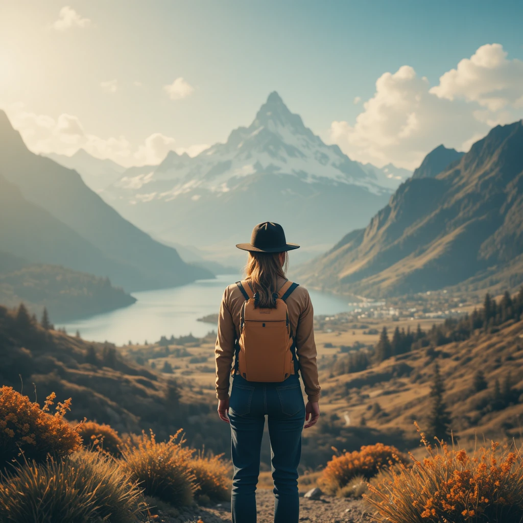 Person standing before a tranquil mountain and lake landscape