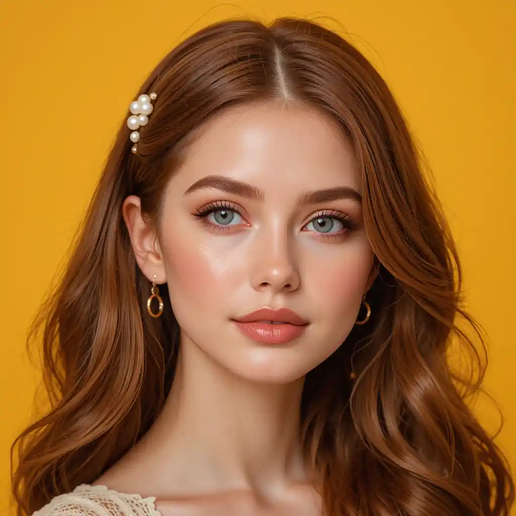 Elegante ritratto di una giovane donna con capelli mossi castano ramato
