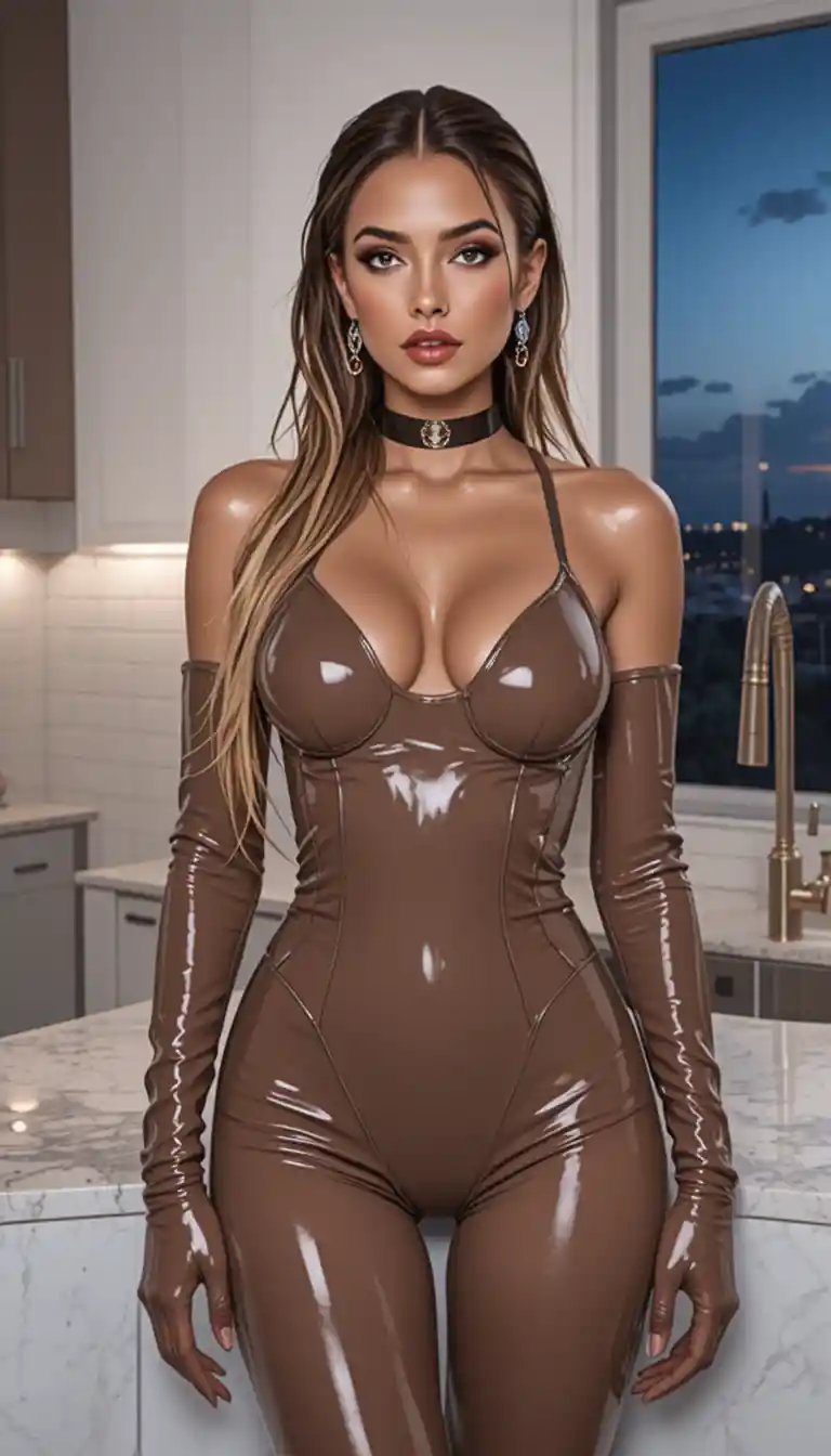Donna bionda in body di lattice che posa in una cucina moderna