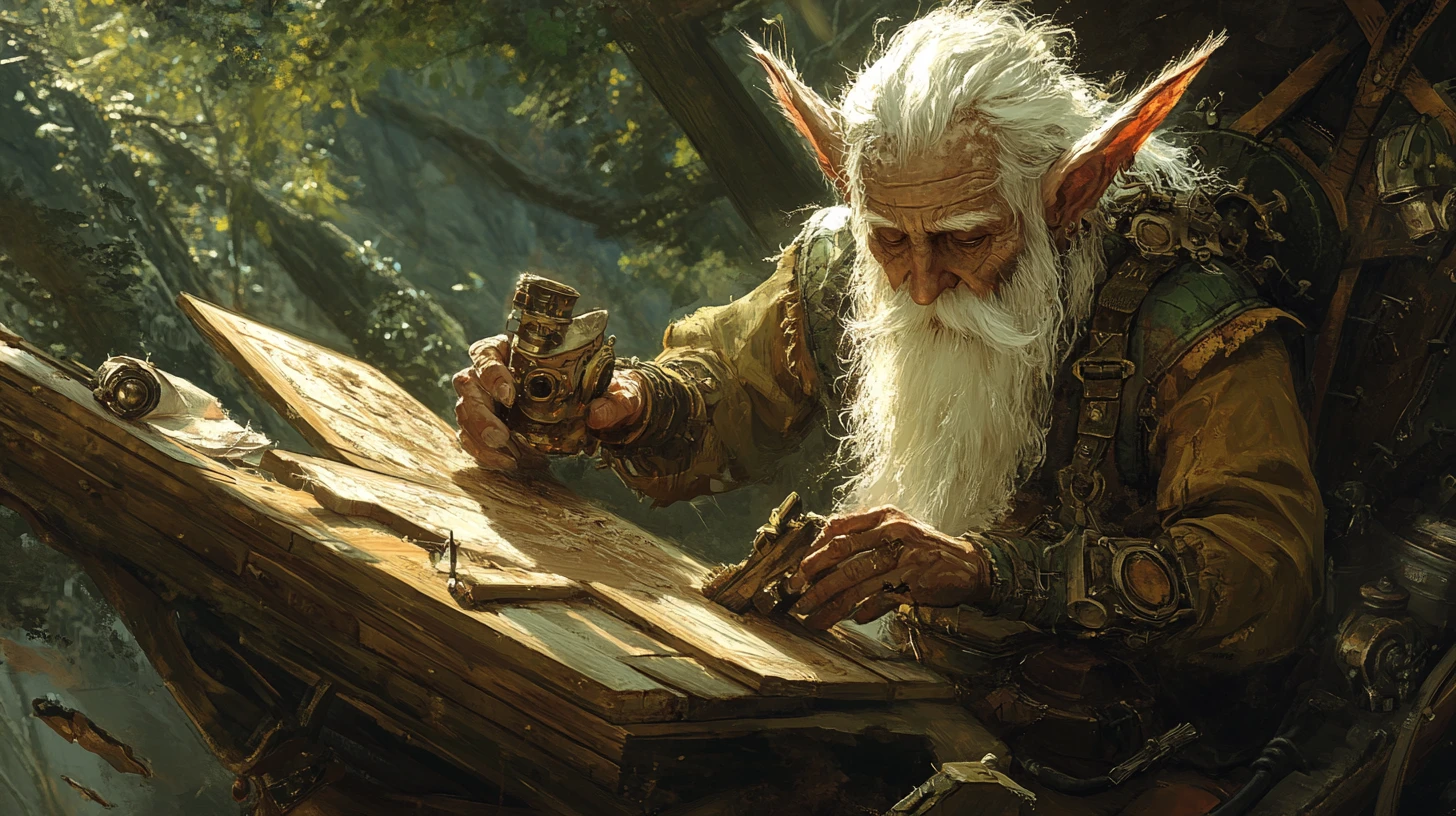 Old fantasy craftsman carving wood aboard a steampunk ship