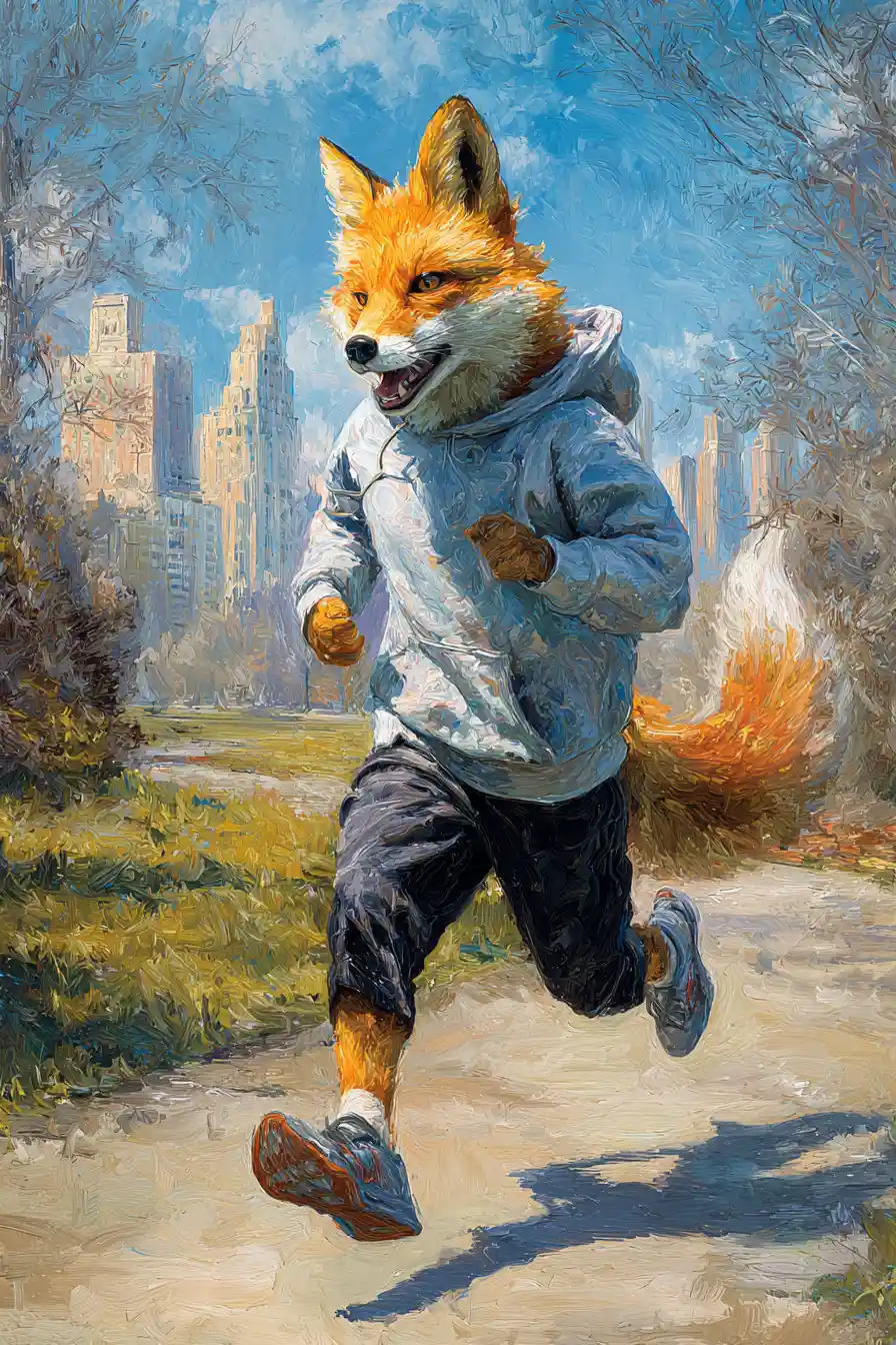 Anthropomorphic Fox Jogging In A Sunny City Park