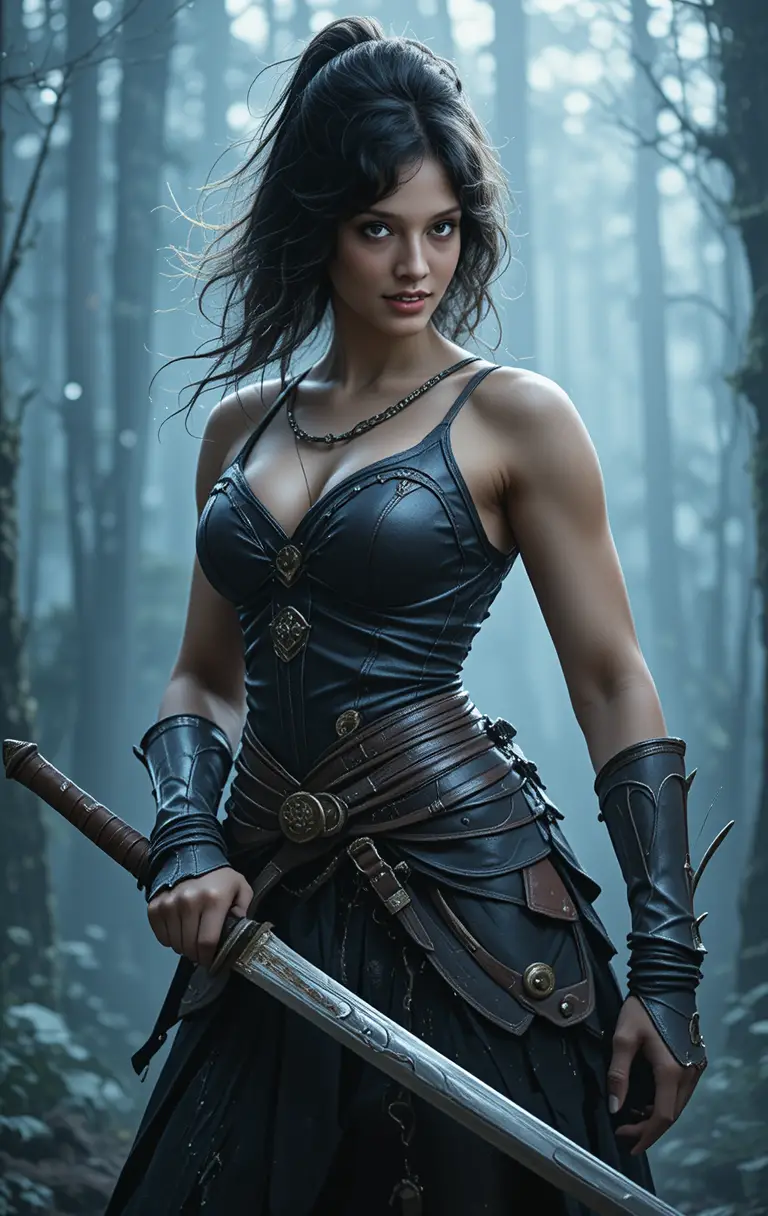 Female warrior with sword in a misty mystical forest