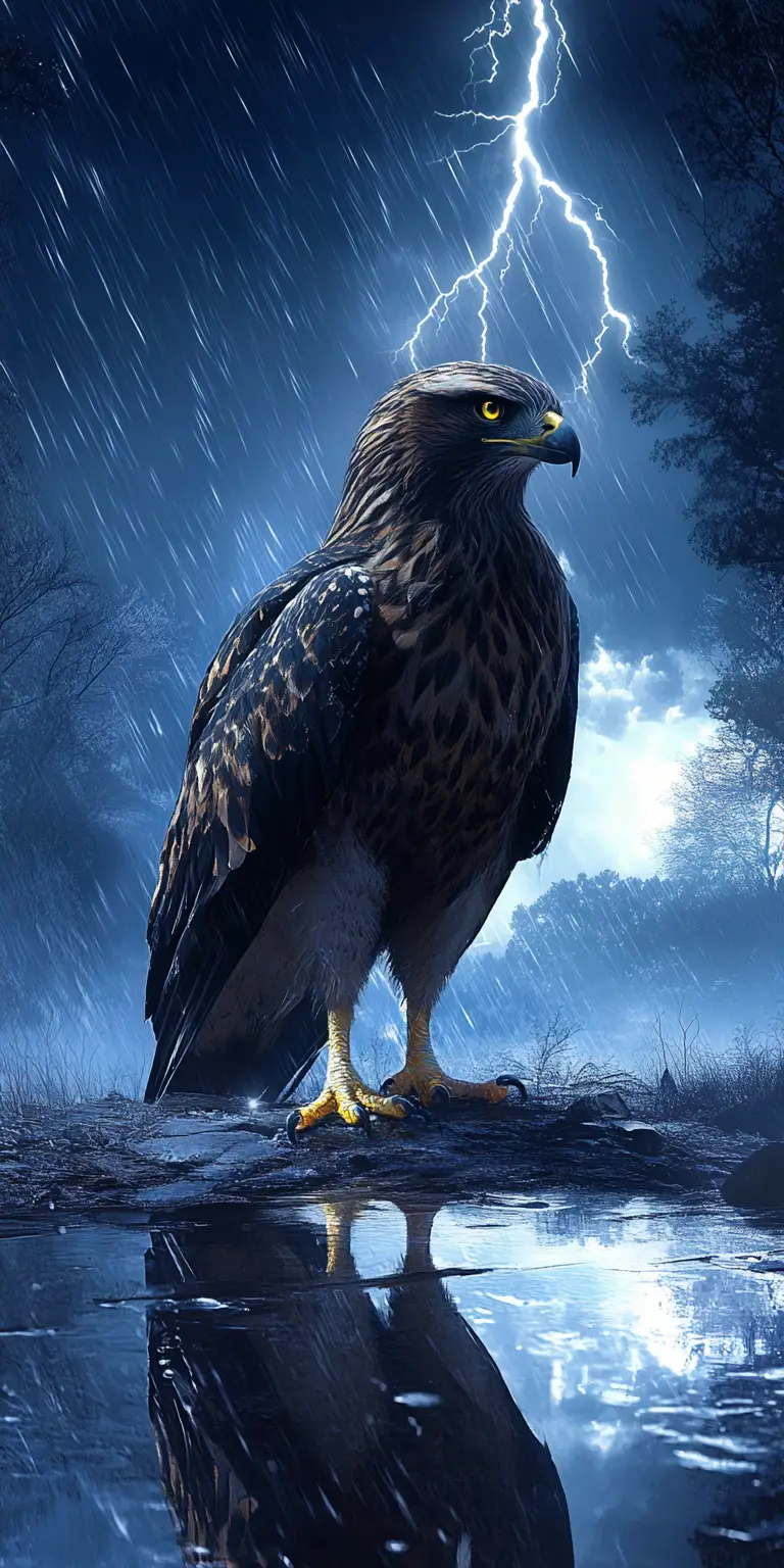 Hawk In Puddle Reflecting A Distant Thunderstorm