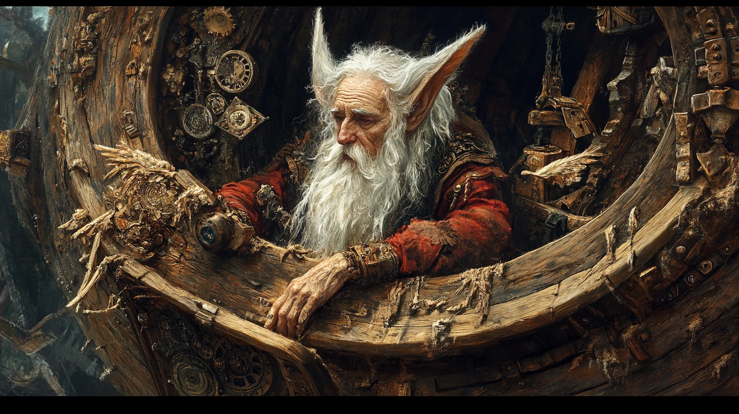 Old fairy woodworker carving living figures aboard a ship