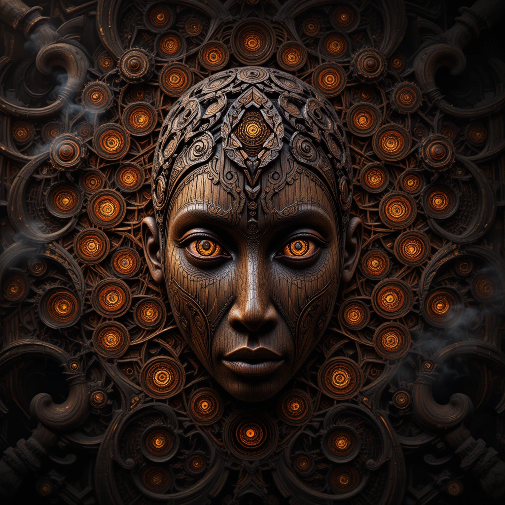 Fractal African wooden mask dissolving into recursive geometry