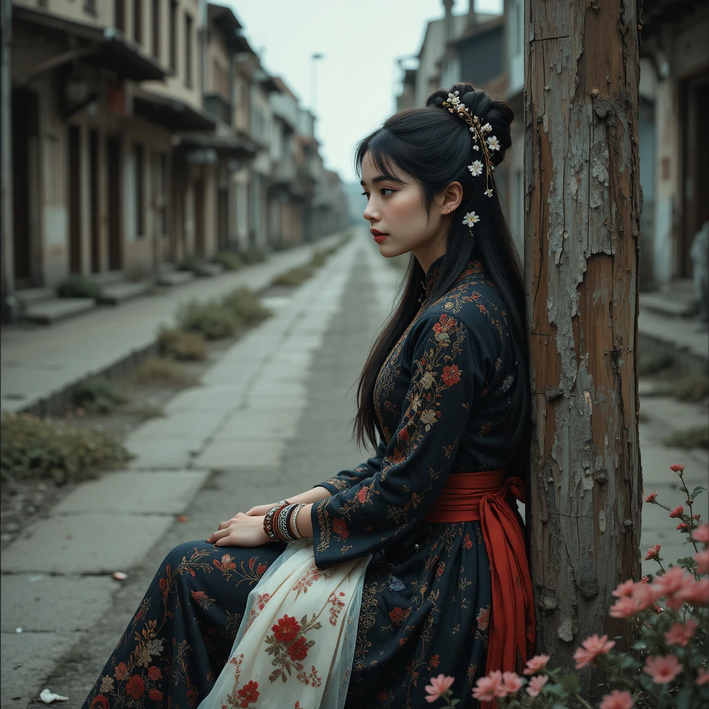 Young woman in embroidered dress on empty city street