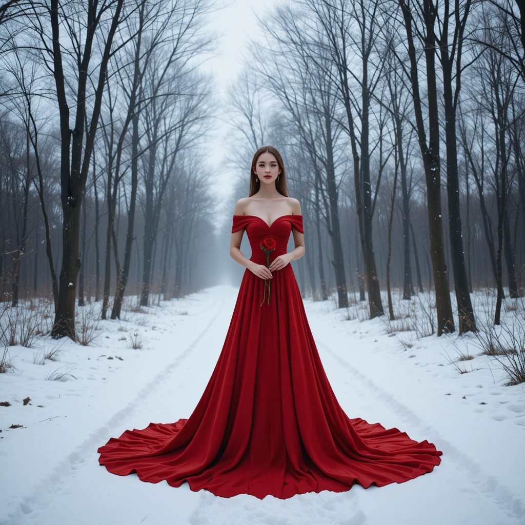 Femme en robe rouge debout seule dans une forêt enneigée