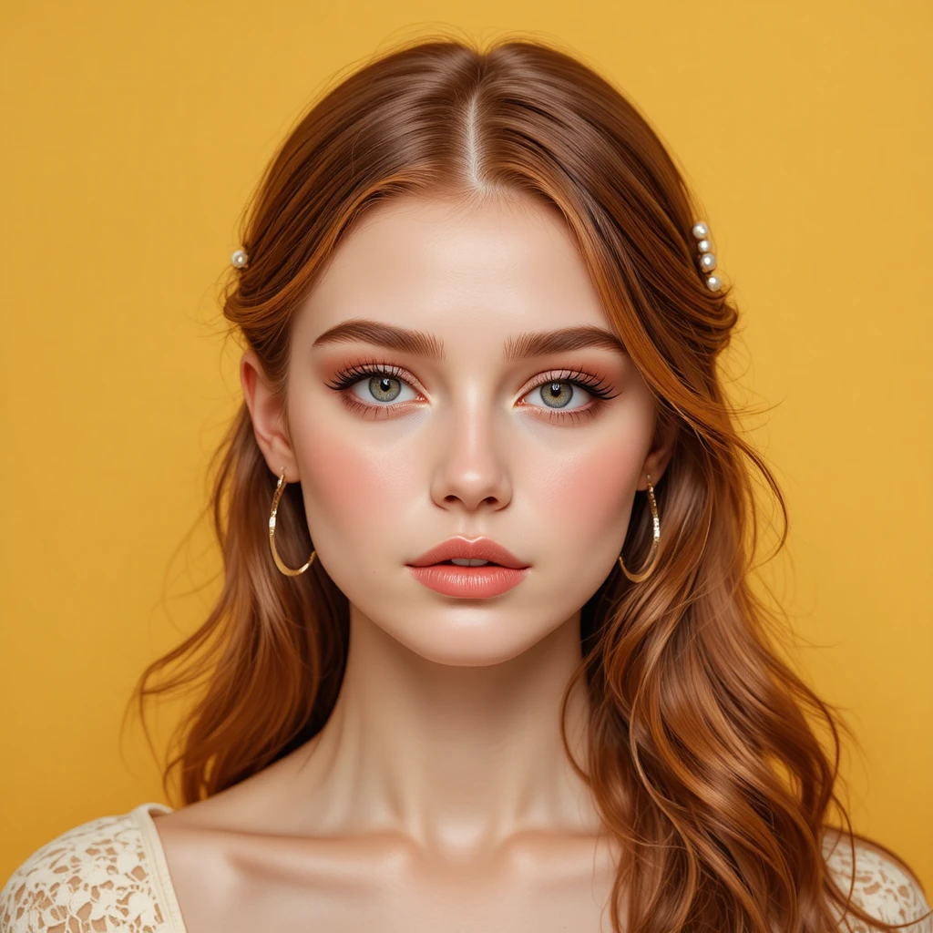 Elegant young woman portrait on warm yellow background
