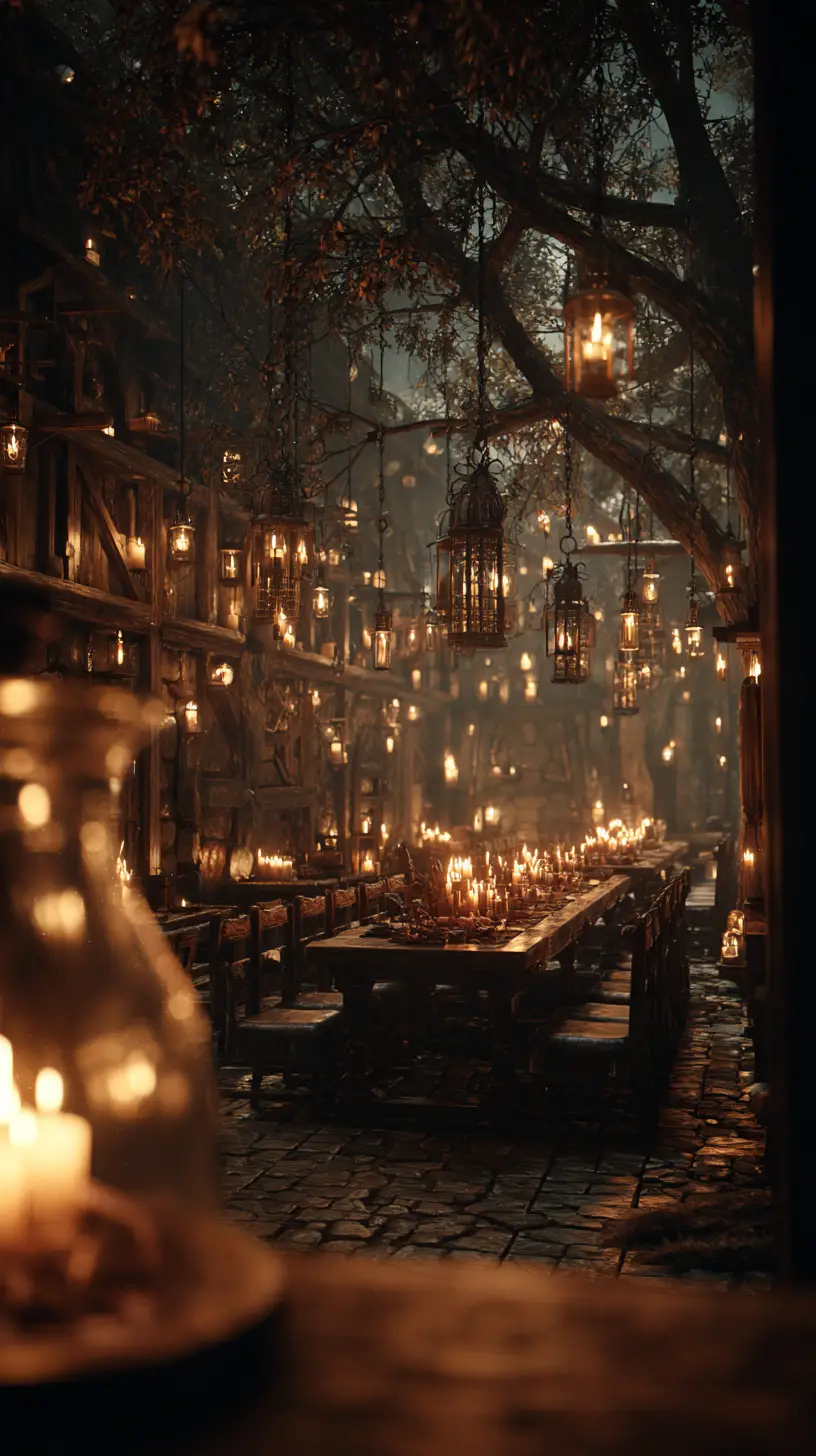 Enchanted forest tavern feast with mythical guests at dusk