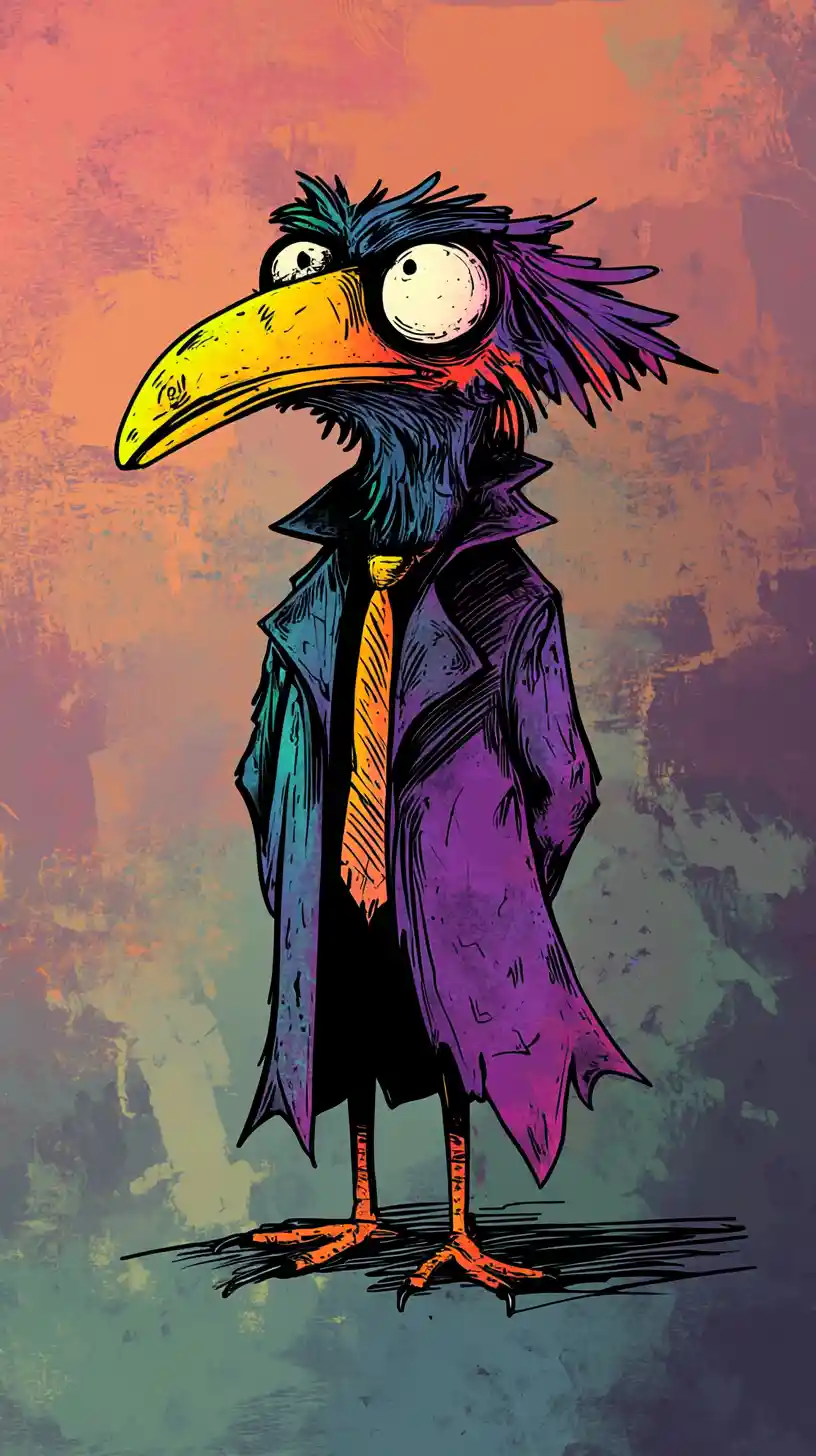 Pájaro Cínico de Caricatura con Gabardina y Ojos Cansados
