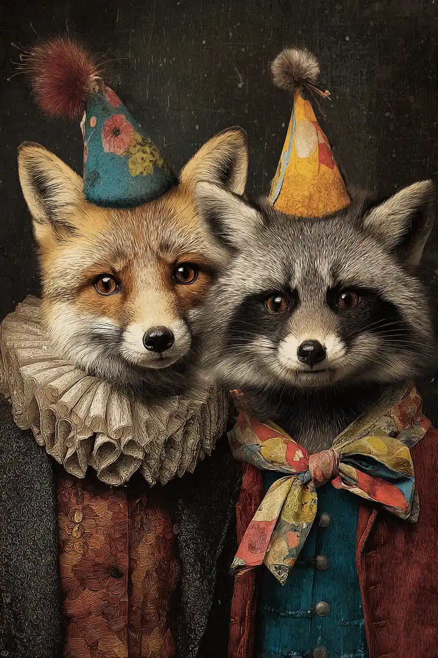 Zorro y mapache cantando feliz cumpleaños con ropa de fiesta