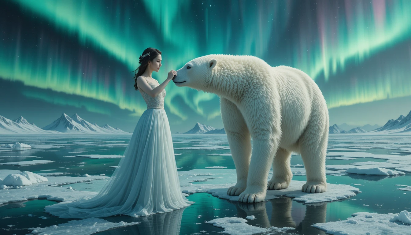 Ethereal woman with polar bear under glowing aurora sky