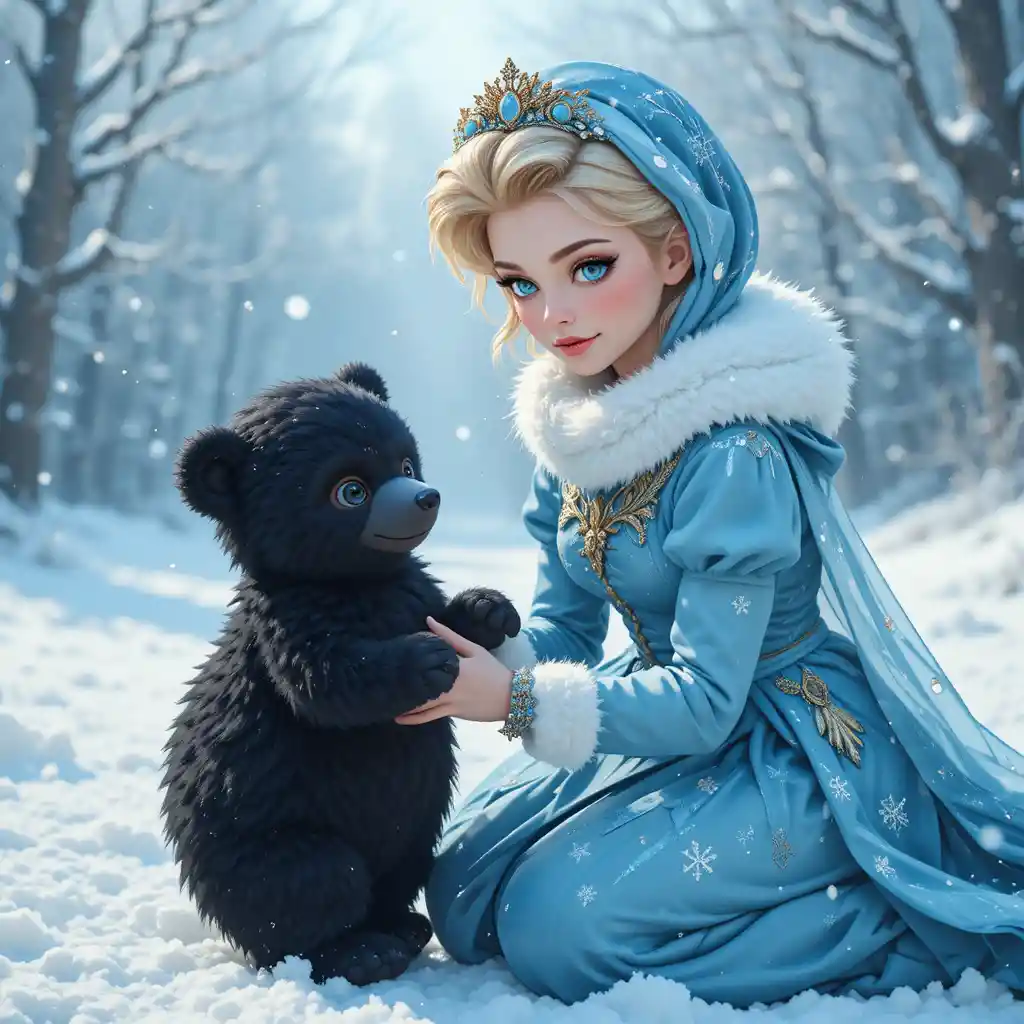 Blonde princess in blue playing with black bear cub