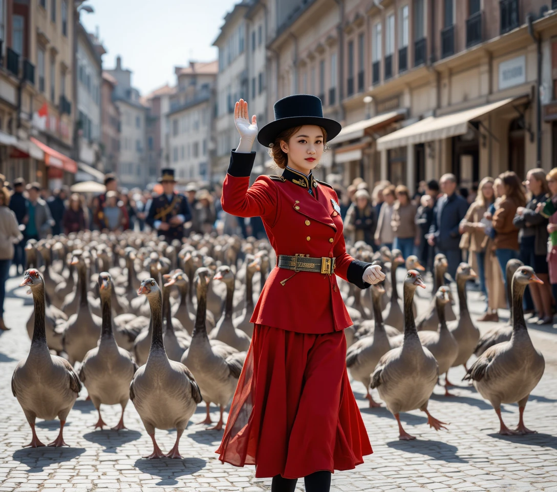 Woman leading geese parade along a sunny city street