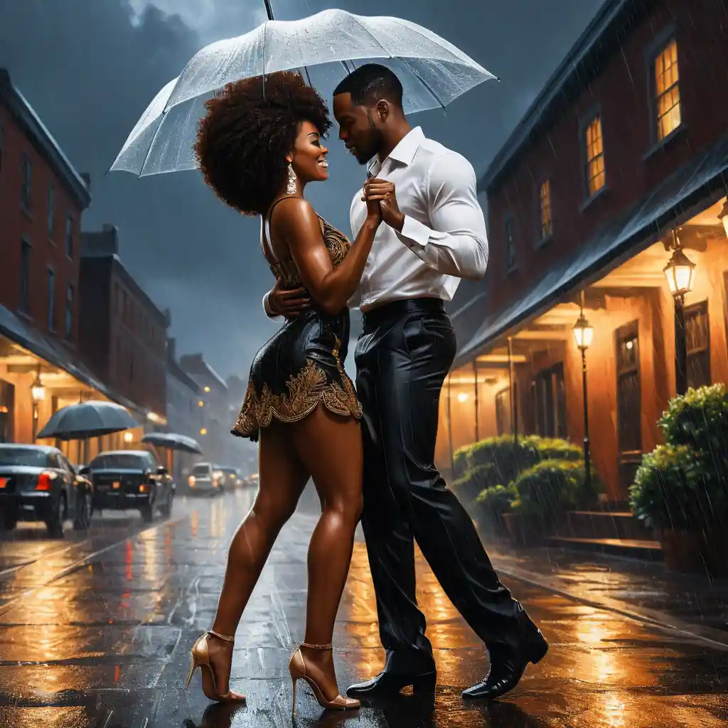 Couple noir romantique dansant ensemble sous la pluie