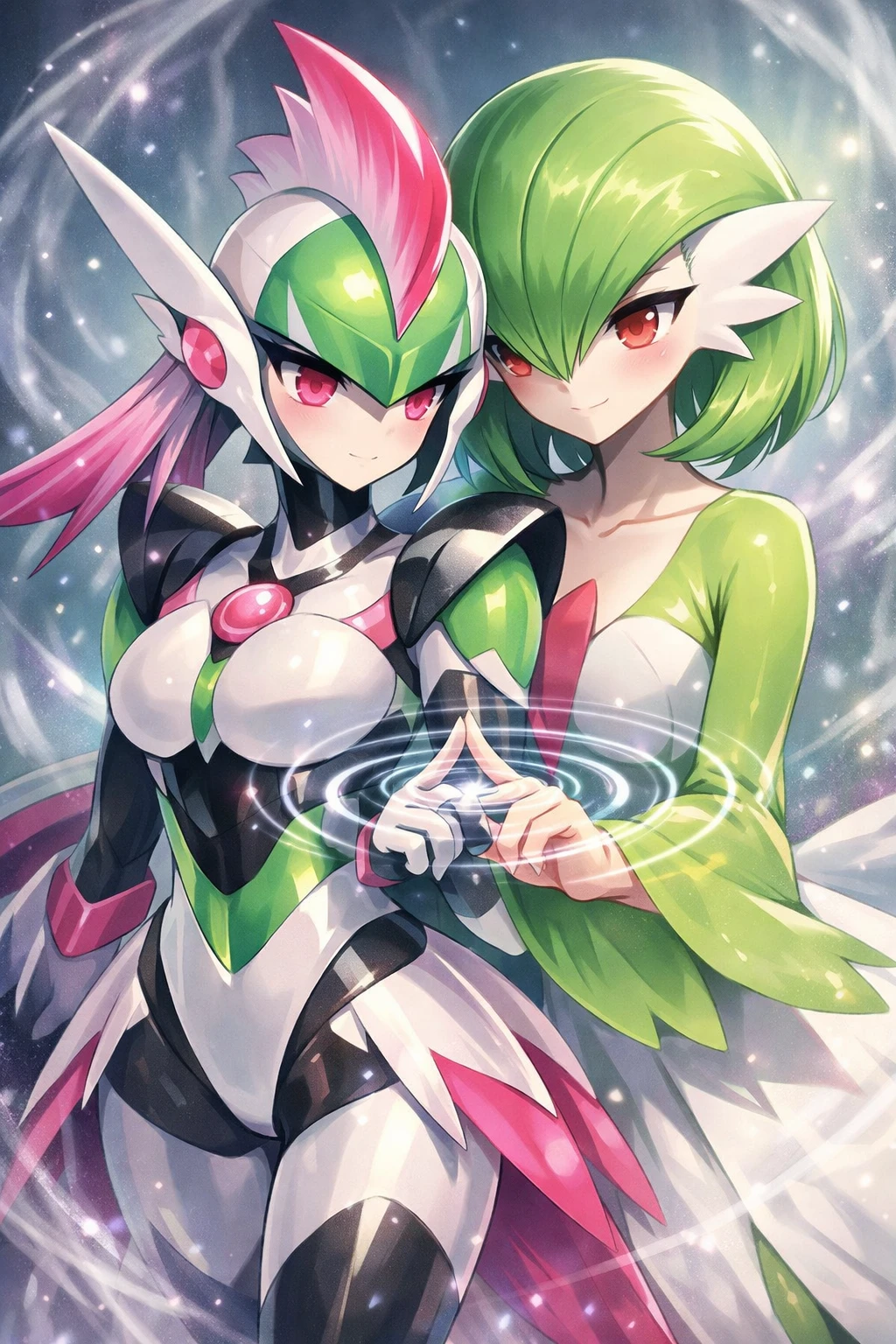 Graceful anime duo sharing a glowing magical connection