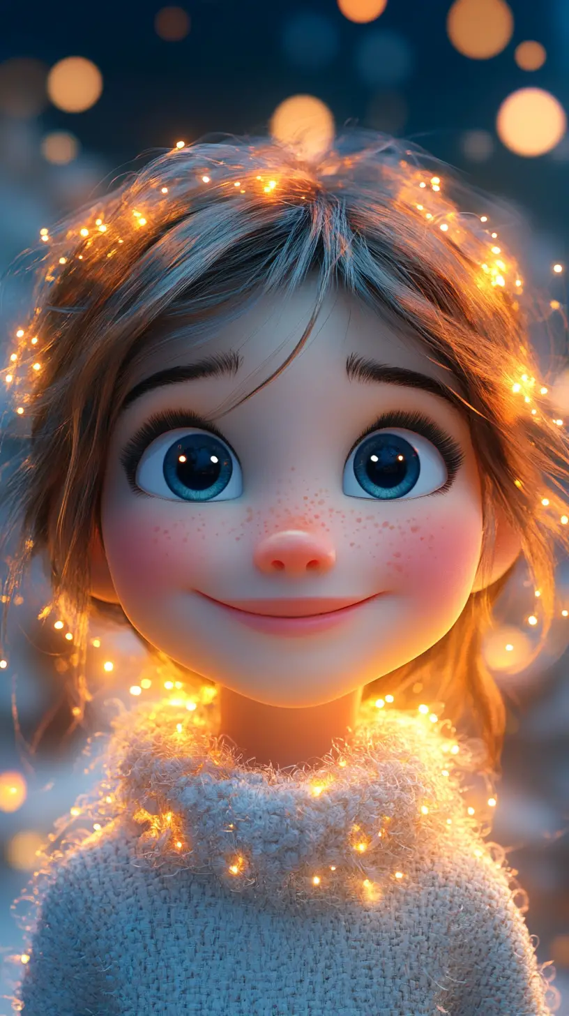 Chica de Anime Sonriente con Luces de Hadas y Brillo Bokeh