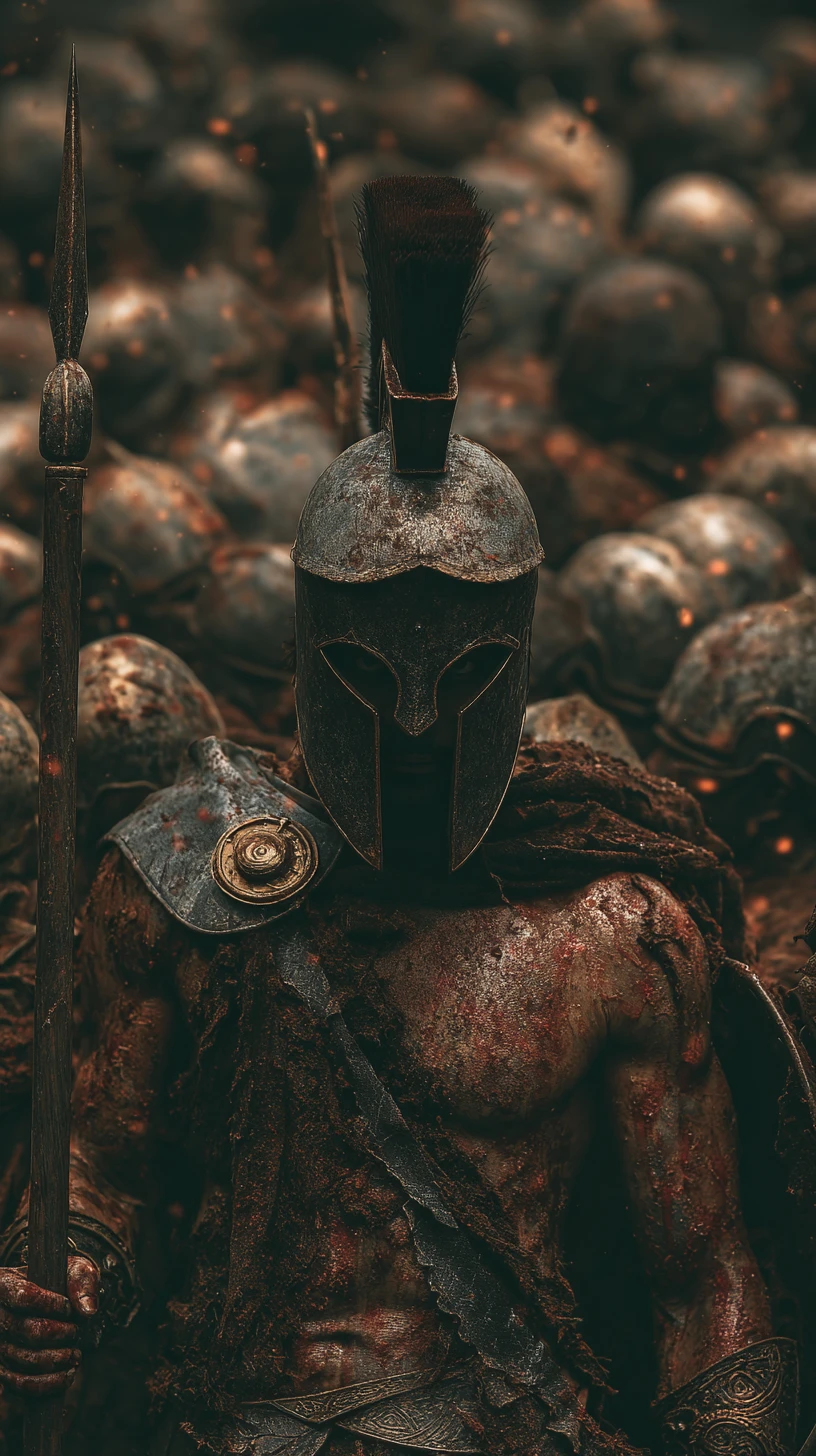 Armored warrior with spear on dark battlefield