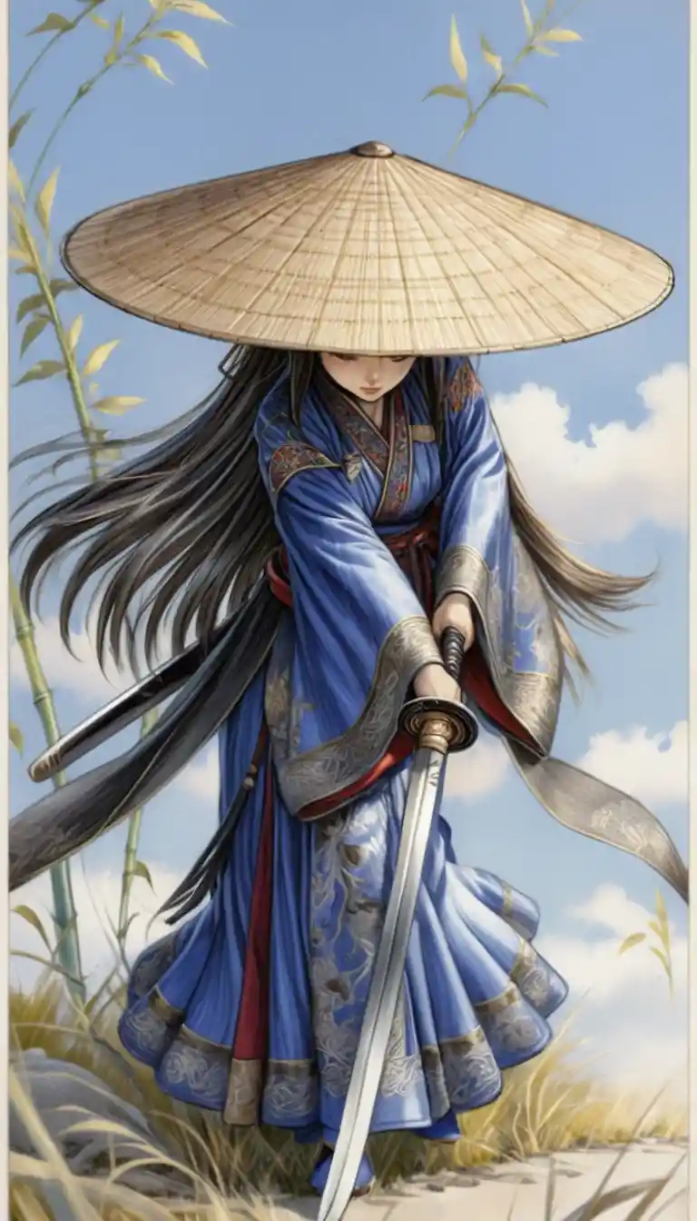 Anime samurai woman drawing her sword in windy bamboo field
