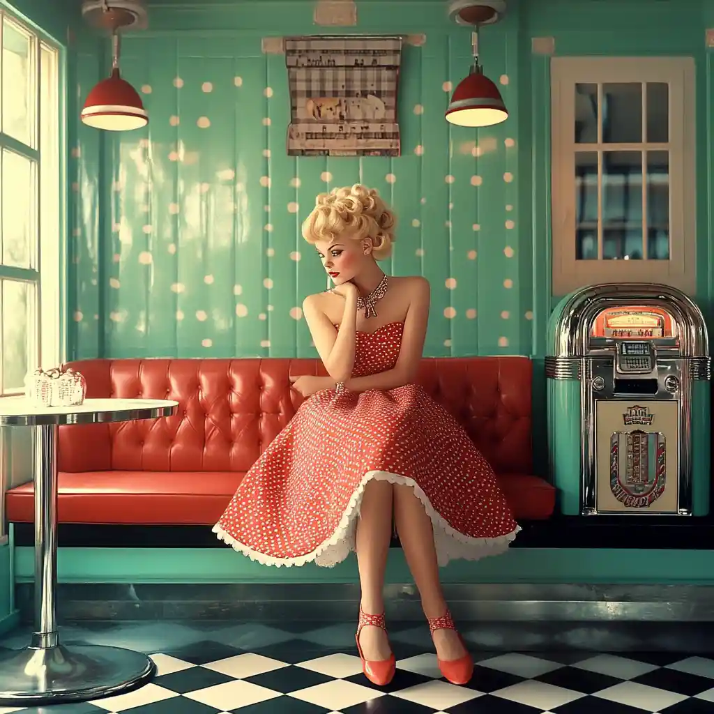 Flirtatious blonde woman in red dress in 1950s diner