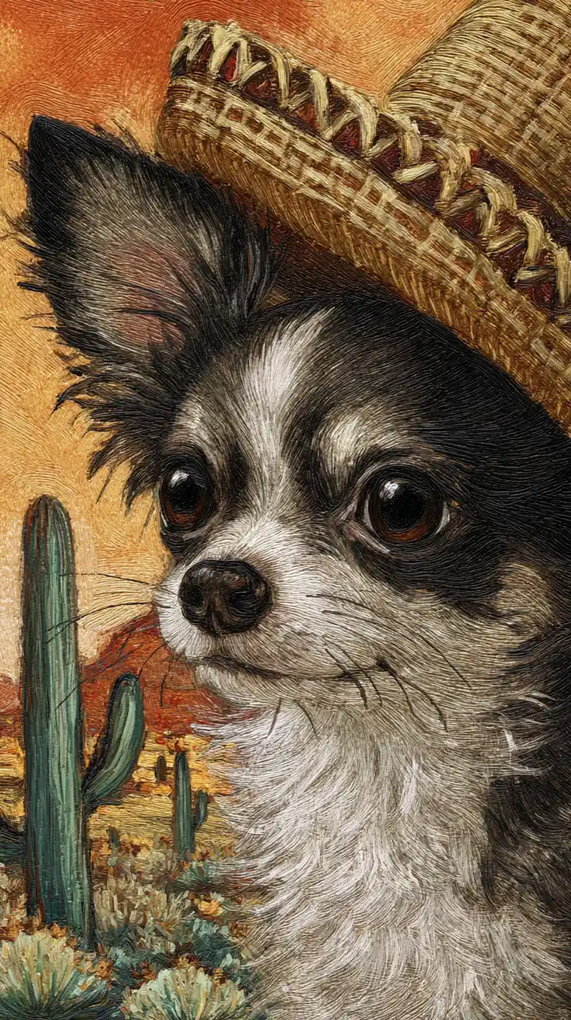 Süßer Chihuahua mit Sombrero in einer Wüstenlandschaft